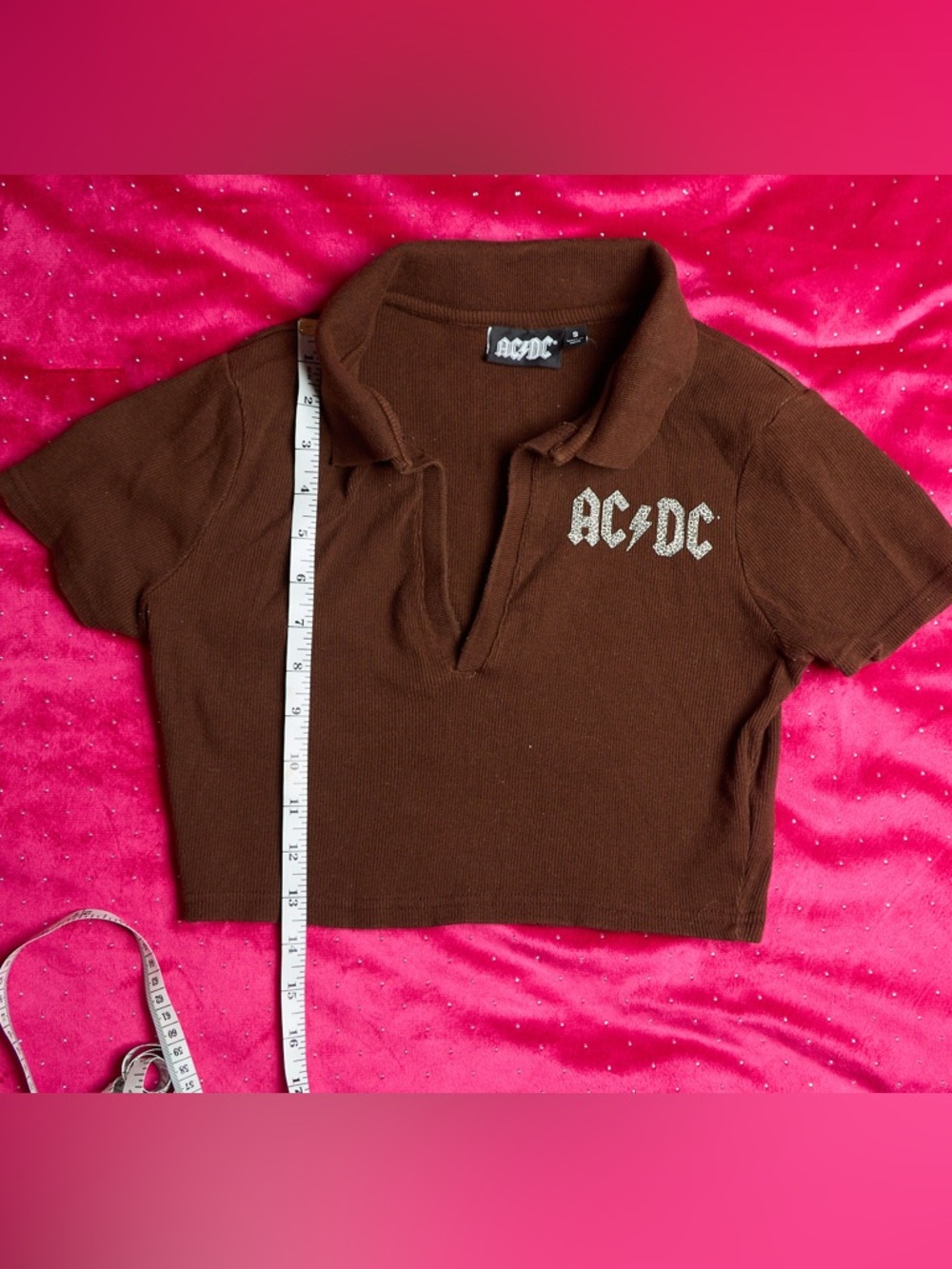 AC/DC Brown Ribbed Cropped Polo with Rhinestone Logo